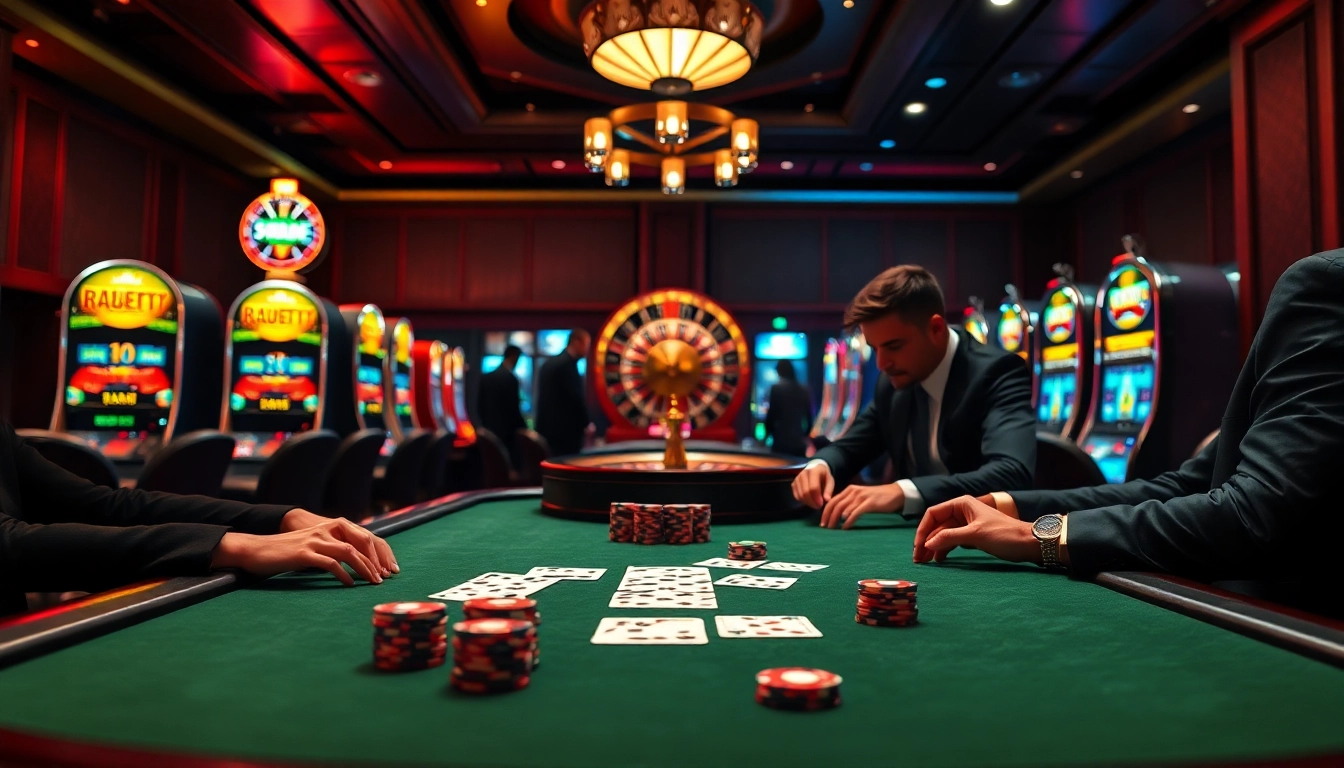 Experience the excitement of online gambling at https://gg88.work/ with a luxurious casino setup featuring poker players and vibrant slot machines.