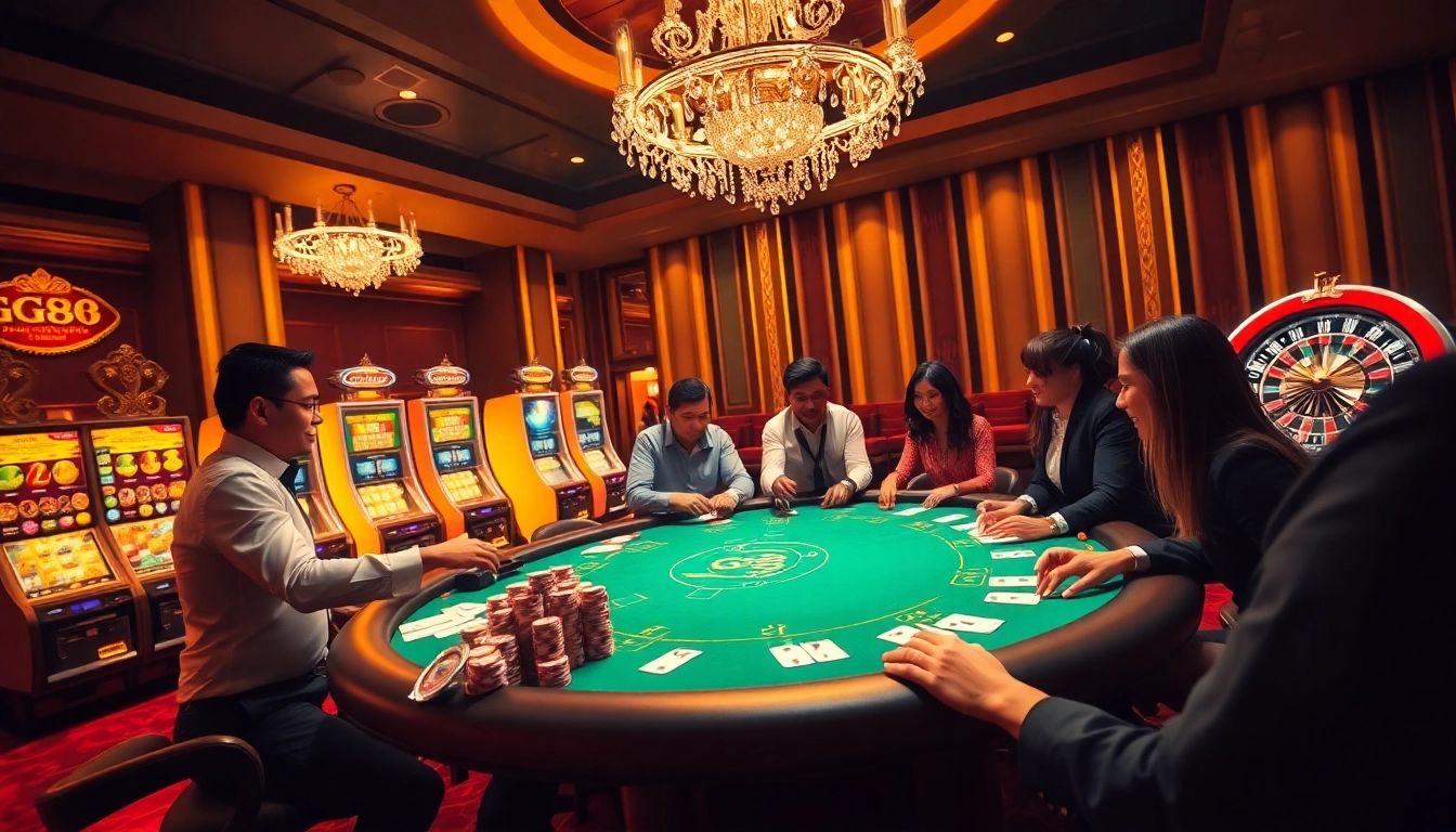 Players strategizing and betting at the GG88 gaming table in a luxurious casino setting.