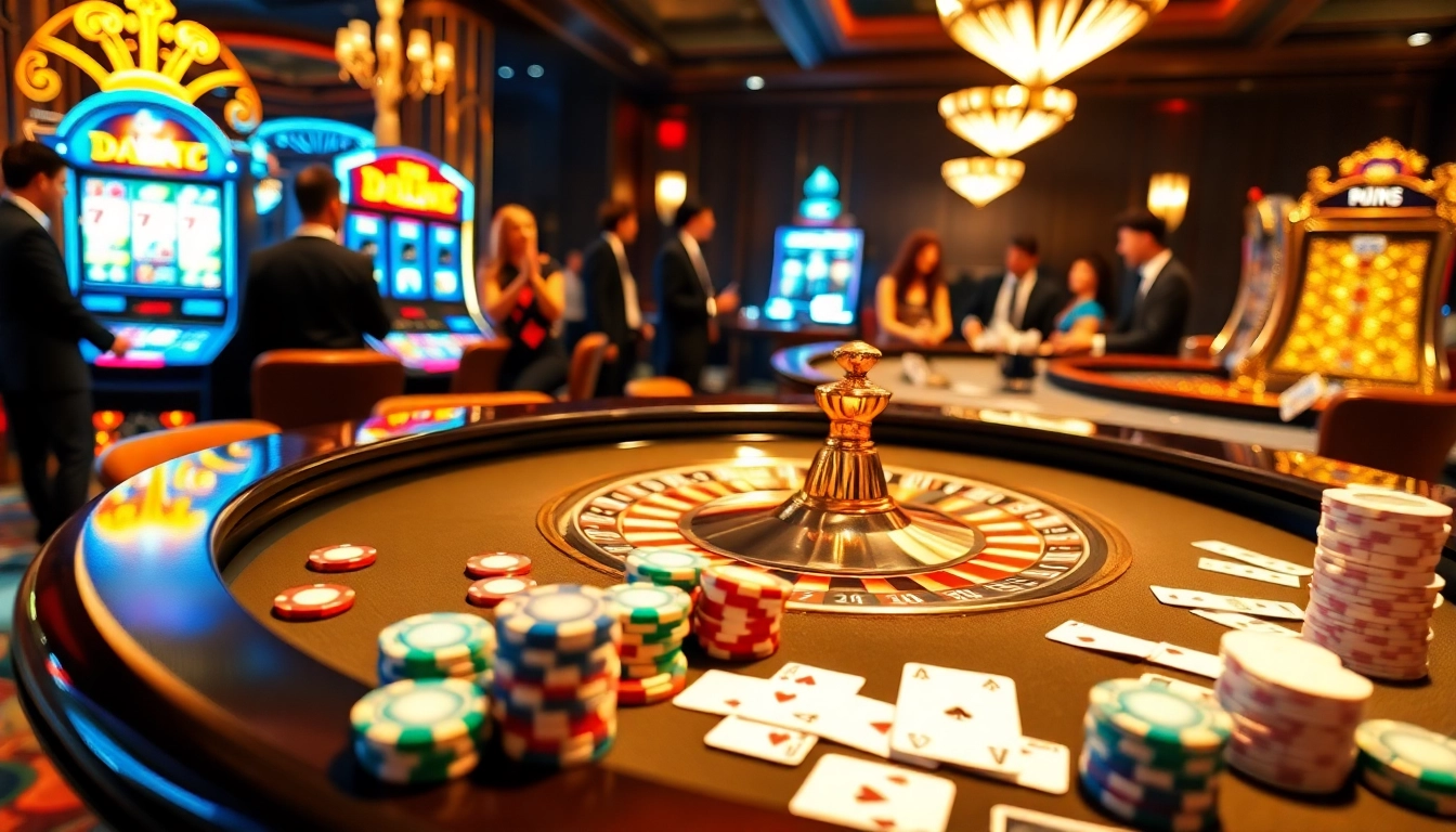 Experience the excitement of gaming at trang chủ lucky88 with a lively casino scene filled with roulette, poker chips, and a vibrant atmosphere.
