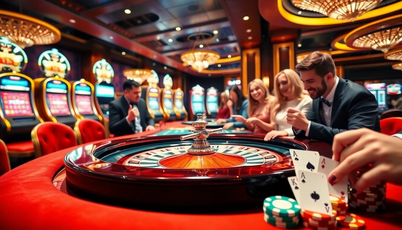 Thabet77 players enjoying a luxurious casino experience with vibrant roulette and poker chips.