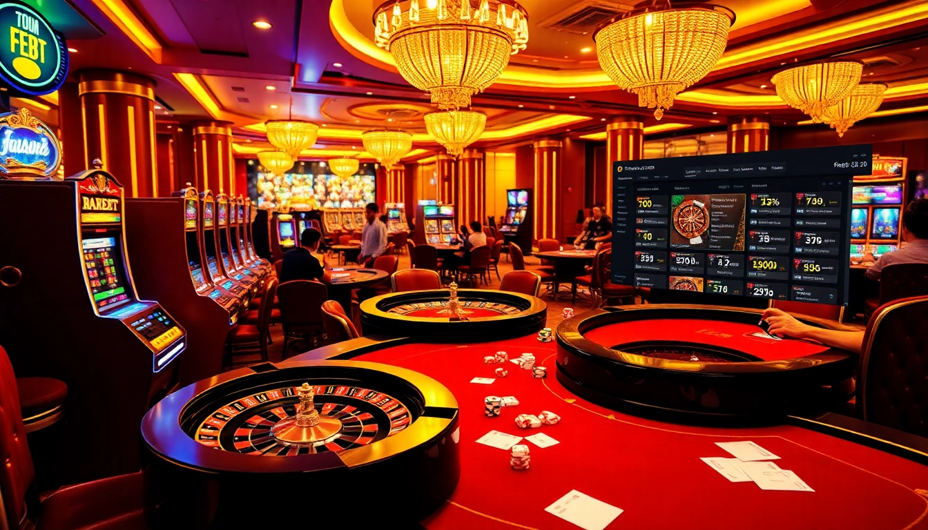 Experience thrilling gameplay at febet.com with vibrant casino elements like roulette, slots, and poker tables.