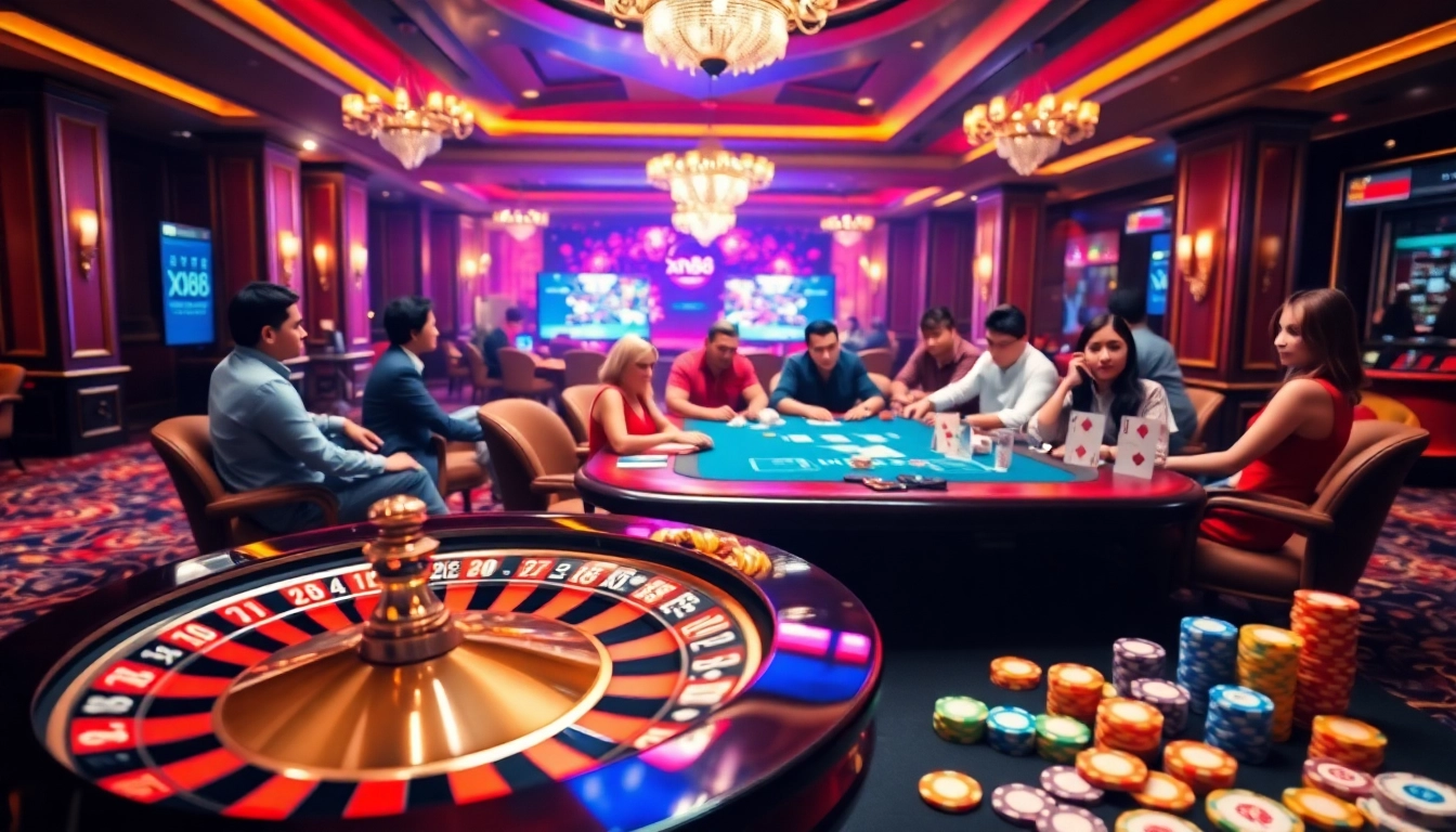 Spectators engage in high-stakes poker while displaying đăng nhập xn88 on a digital interface, showcasing an elegant casino scene.