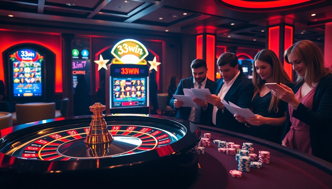 33win players enjoying a thrilling online casino experience at roulette and slots.