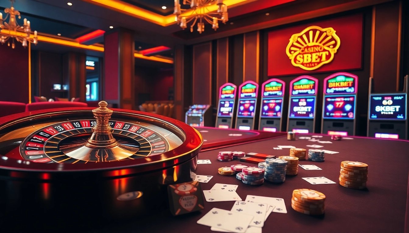 Players enjoying a vibrant casino experience at 8KBET, featuring roulette and poker elements.