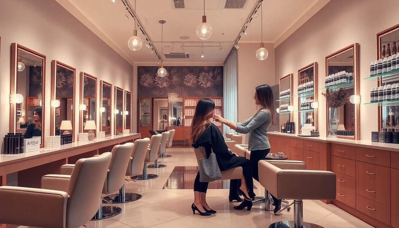 Omnia Salon's modern interior with a stylist providing a complimentary haircut.