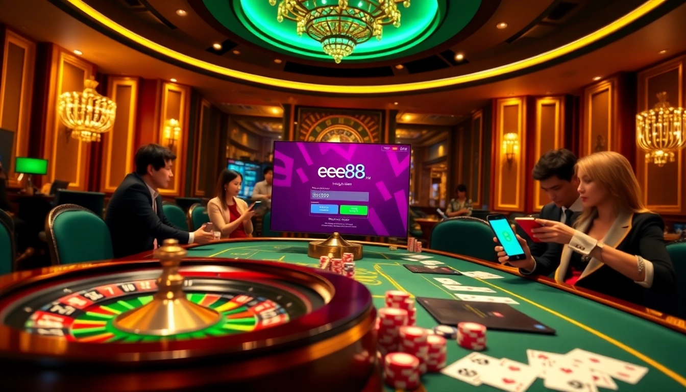 Log in to EE88 with ease, featuring colorful chips and a stylish roulette wheel in a luxury setting.