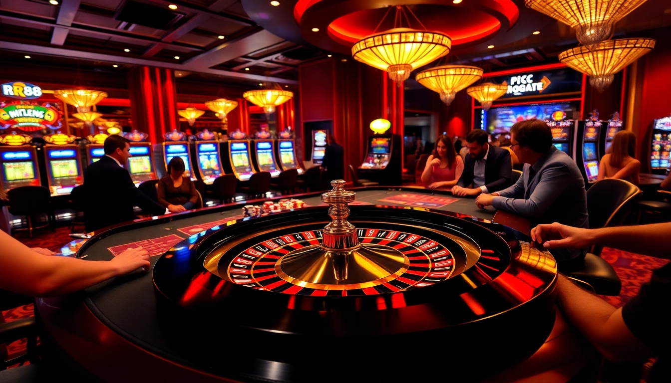 Experience the excitement of RR88 with players strategically betting at a luxurious roulette table.