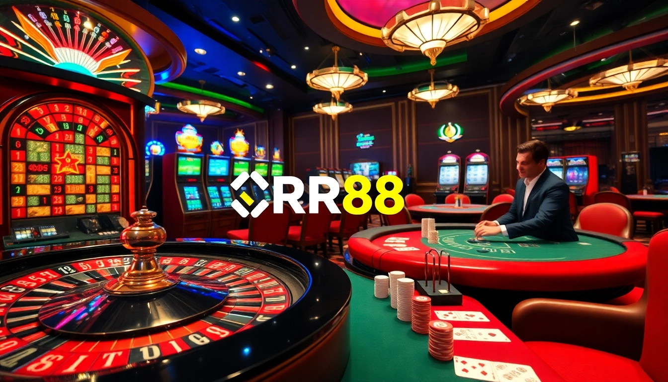 RR88 casino scene featuring vibrant slot machines and a luxurious roulette wheel.
