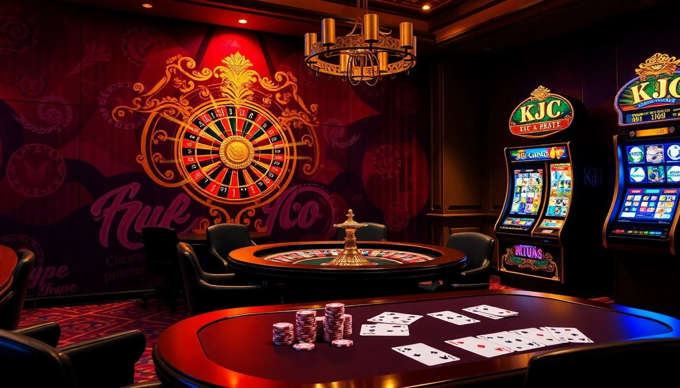 KJC-themed casino room with poker table, roulette wheel, and vibrant atmosphere.