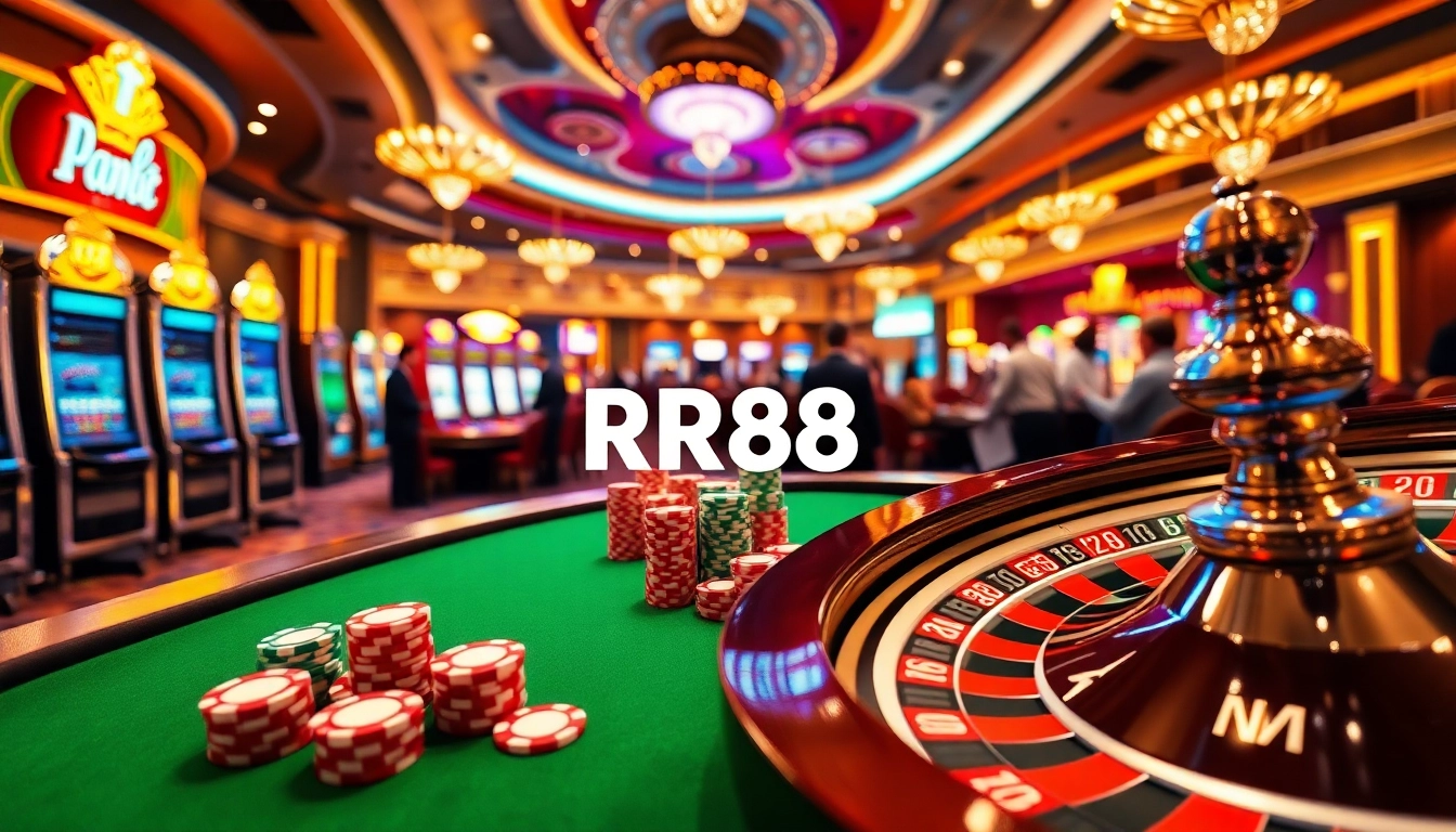 Experience the thrill of RR88 with an exciting casino scene featuring vibrant slot machines and poker tables.