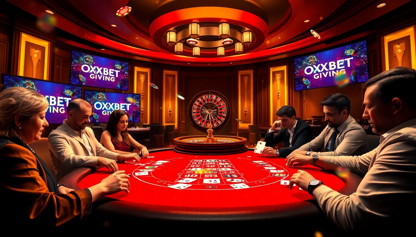 Exciting casino scene featuring players at a poker table with OXBET.GIVING branding and vibrant atmosphere.