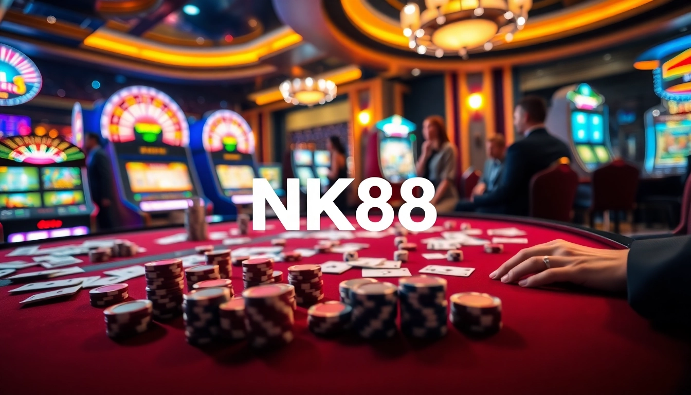 Engaged players enjoying the luxury of NK88 gaming with poker chips and a roulette wheel.