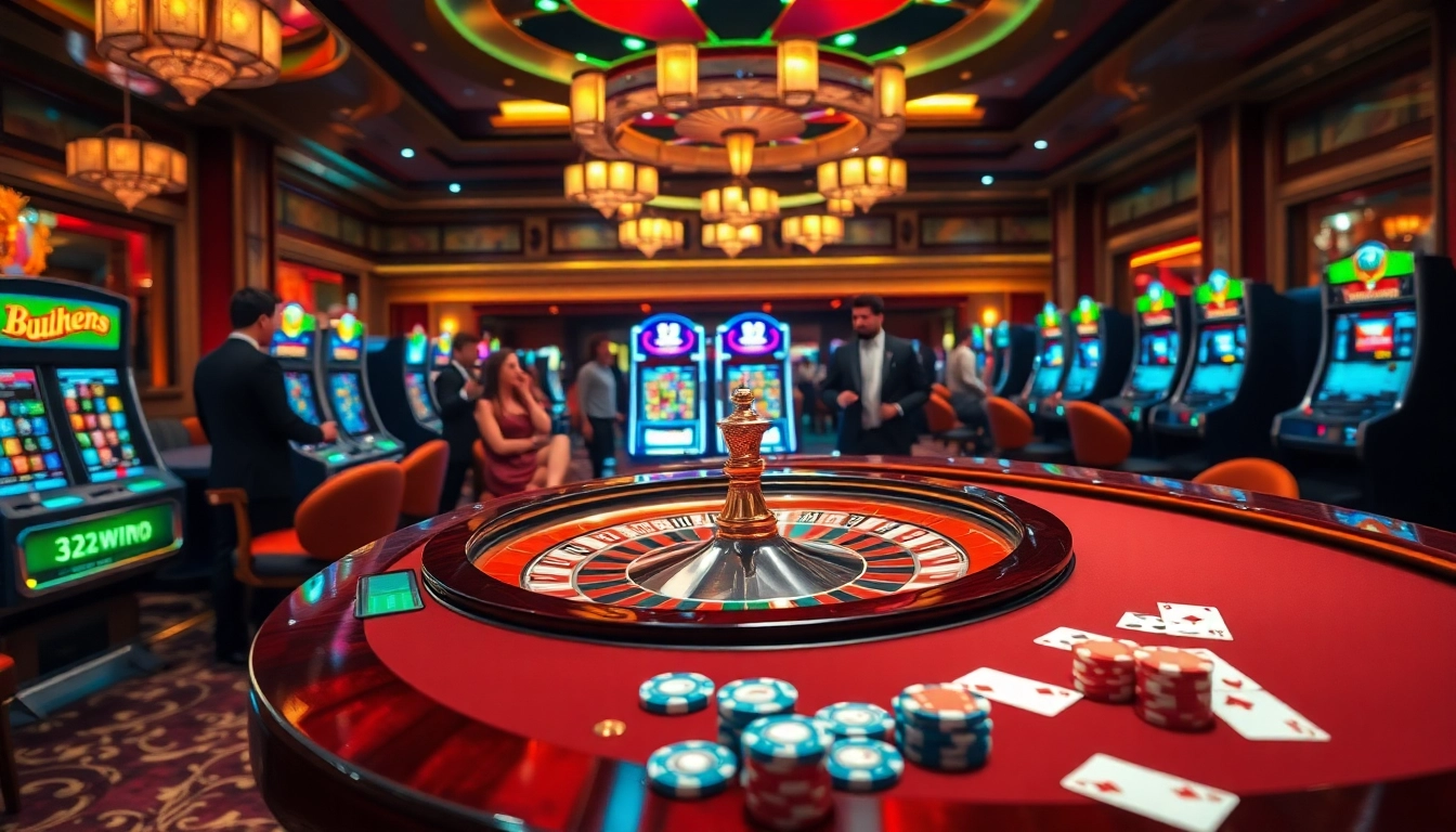 Experience winning thrills at https://32win.style/ with a luxurious casino interior featuring roulette and slot machines.
