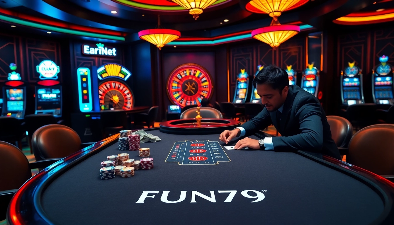 Engaging casino scene with FUN79-themed poker game at a luxurious table
