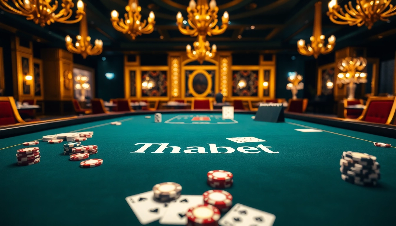 Thrilling gambling experience at a Thabet-themed blackjack table with vibrant poker chips and elegant decor.