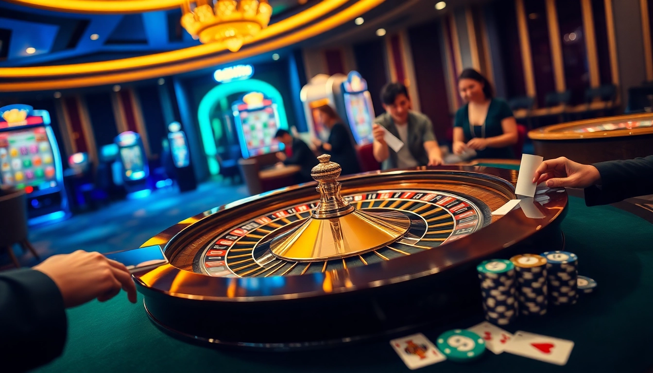 Experience the excitement of 98win with glamorous casino elements and engaging players at a roulette table.
