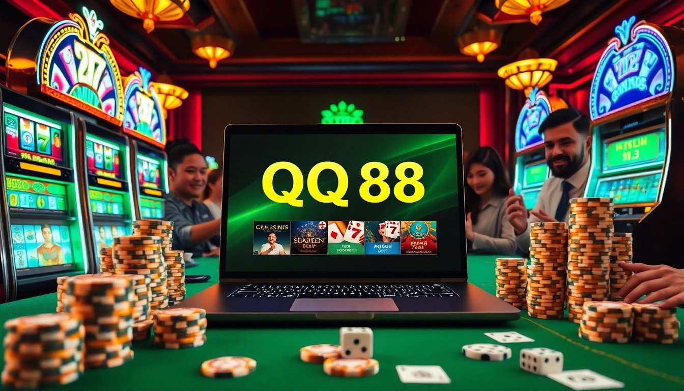Gambler interacts with QQ88 online gaming on a high-end laptop amid vibrant casino visuals.