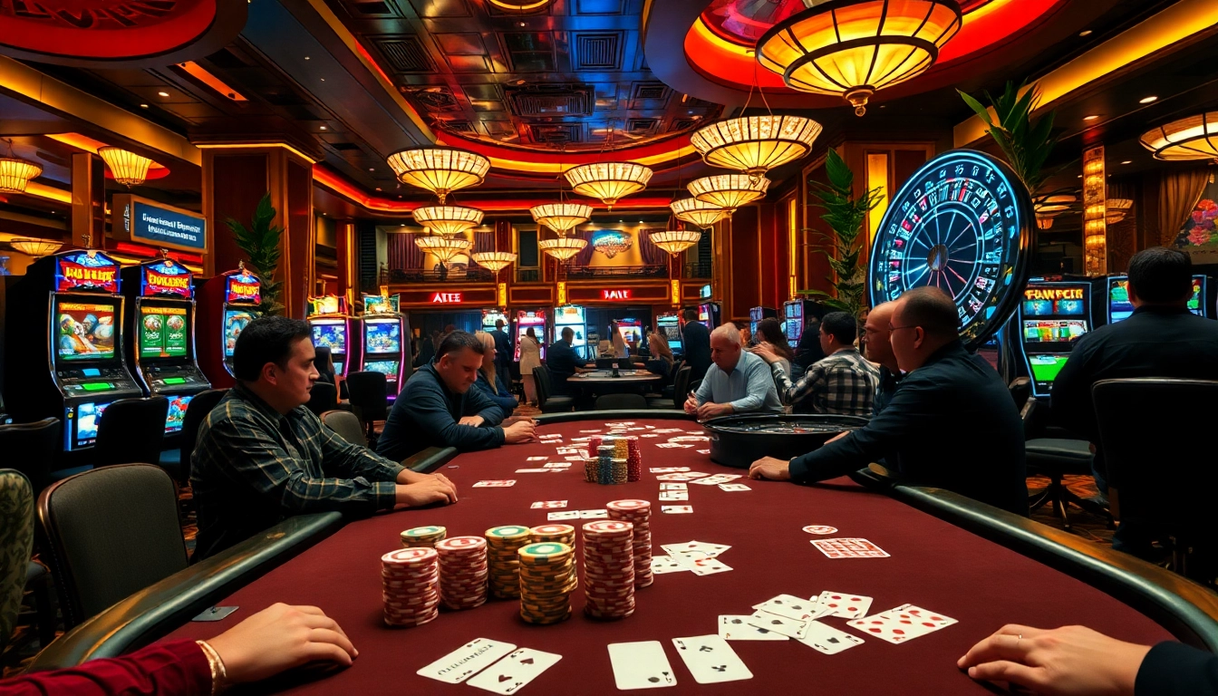 Experience the thrill of gambling at a luxurious nohu casino with vibrant slot machines and an exciting poker table.