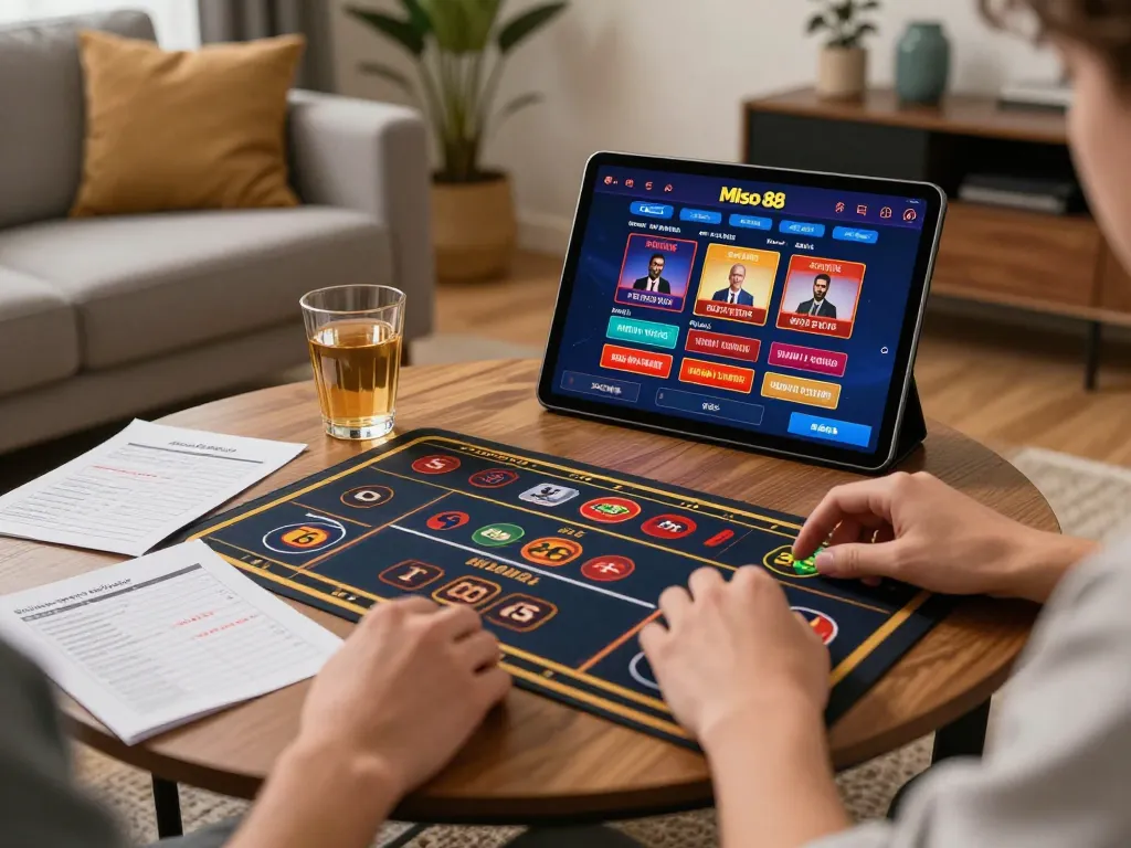 Miso 88 players engaging in strategic bets via tablet in a cozy home gaming setup.