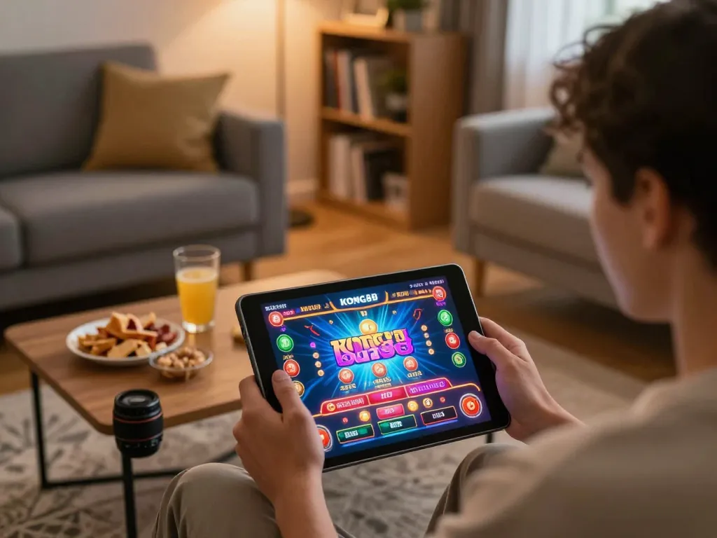KONG88 gaming scene where a player engages in slots on a tablet at home, highlighting a comfortable entertainment atmosphere.