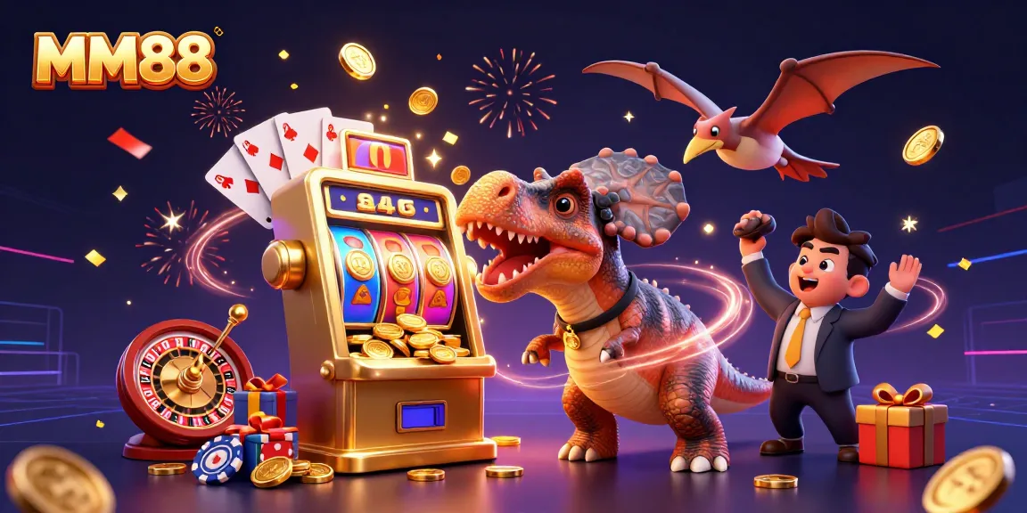 MM88 excitement rises as a dinosaur triumphs at a jackpot slot machine amidst playful chaos.