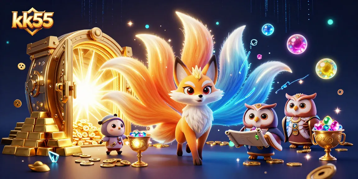 kk55 captivating scene with a nine-tailed fox and owl, showcasing massive casino winnings and treasures