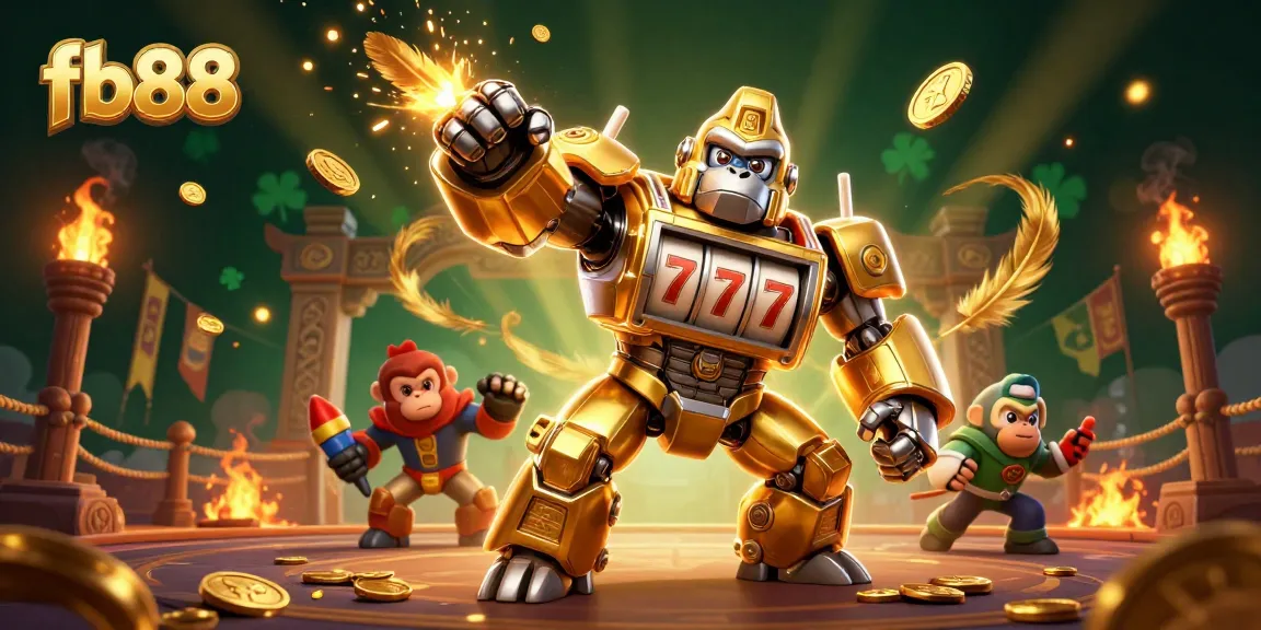 Engage with fb88's exciting games featuring a golden gorilla mech bursting with coins.