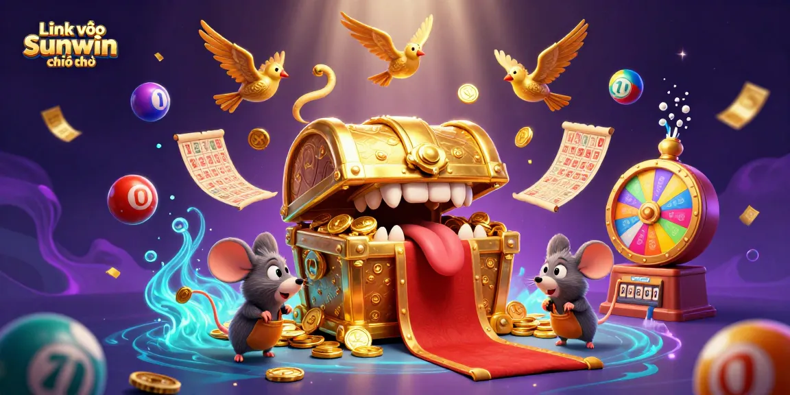 Experience the thrill of Link vào Sunwin chính thức with vibrant lottery elements and a treasure chest scene.