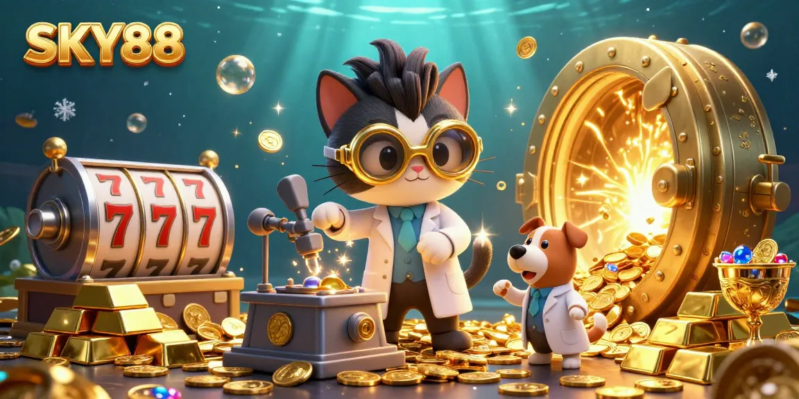 Join the excitement at SKY88 casino with a mad scientist creating gold coins while surrounded by treasures.