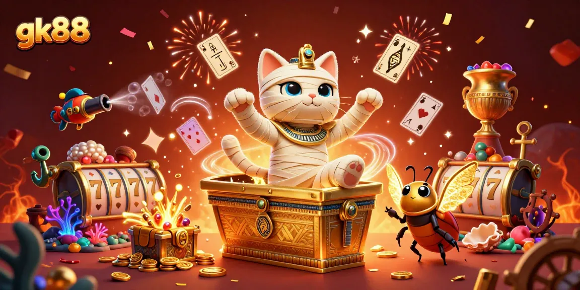 Experience gk88 excitement with an Egyptian mummy cat and treasures in a dynamic casino scene.