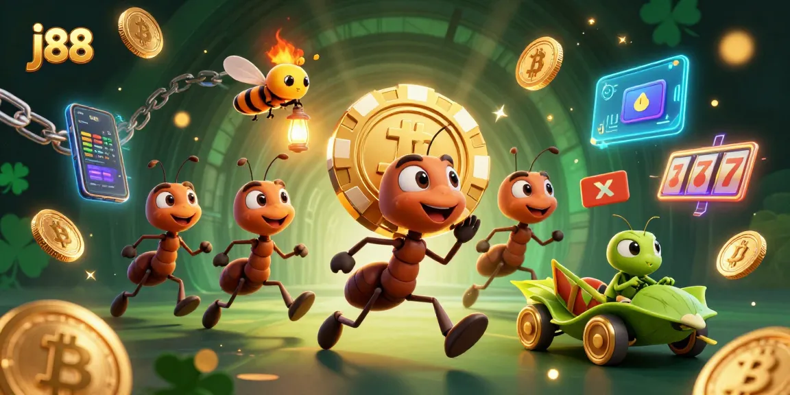 Capture the excitement of j88 as a team of ants heist a giant poker chip amidst crypto elements.