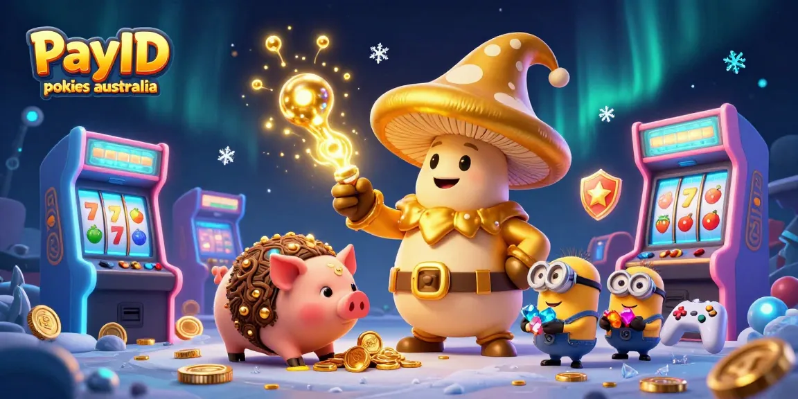 Engage with exciting PayID pokies australia featuring golden mushroom wizard, vibrant slot reels, and treasure-filled scene.