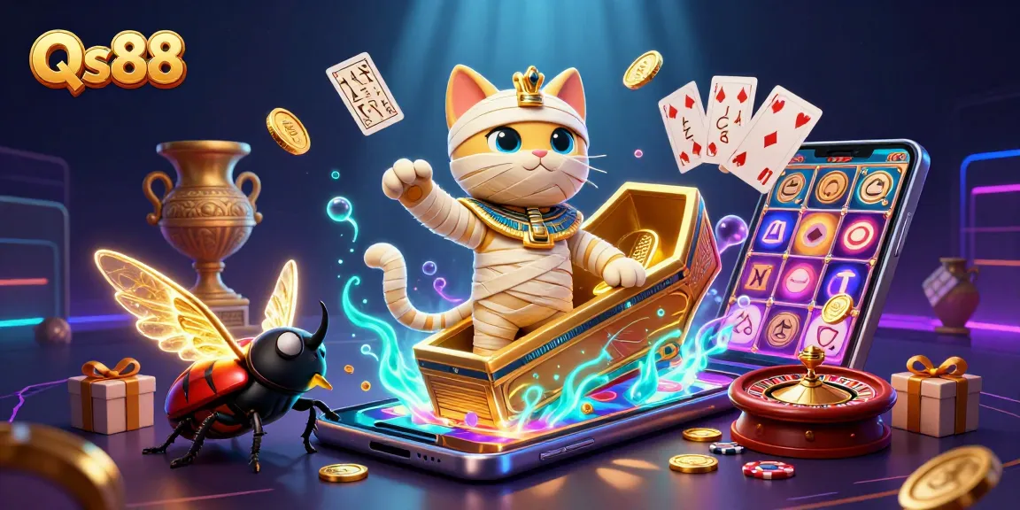Engage in thrilling gameplay at Qs88 with a vibrant 3D scene of a mummy cat, casino themes, and enchanting effects.