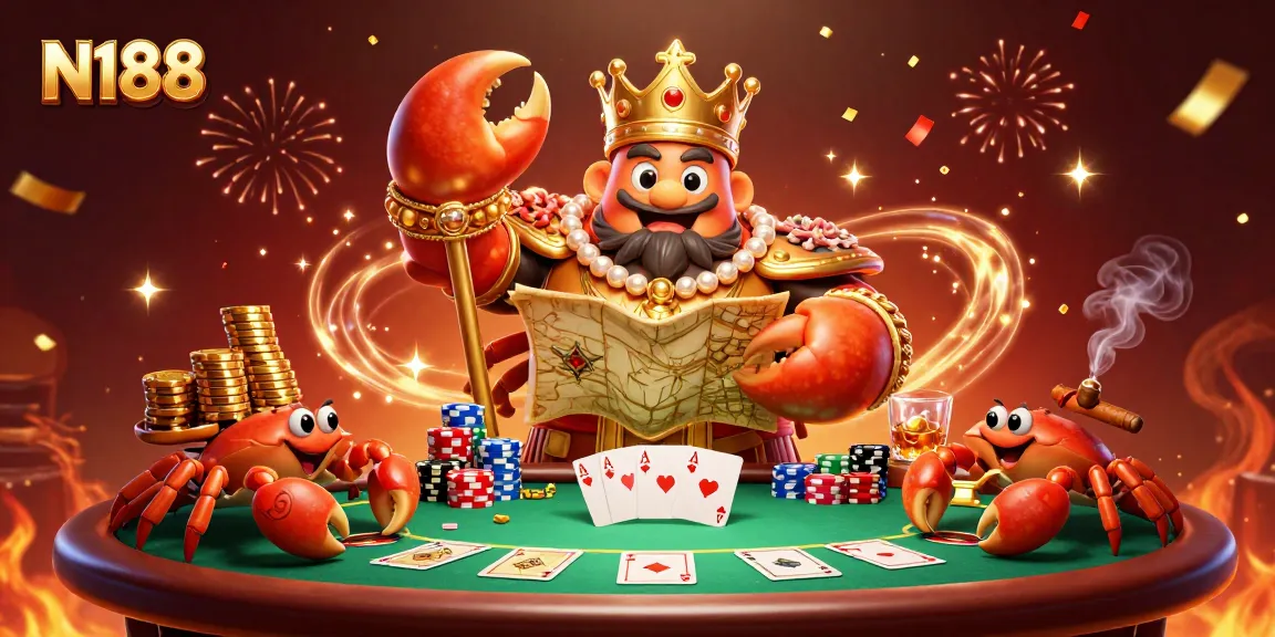 N188 showcases a massive golden crab emperor holding a treasure map at a vibrant poker scene.