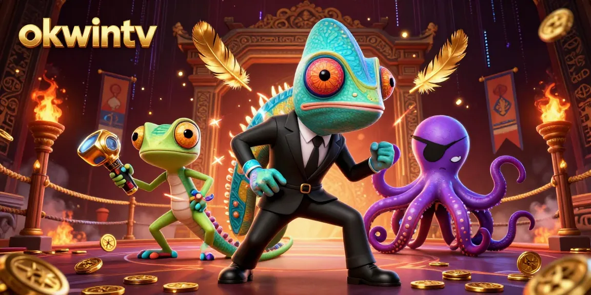 Experience thrilling gaming action with okwintv's vibrant 3D illustration featuring a secret agent chameleon.