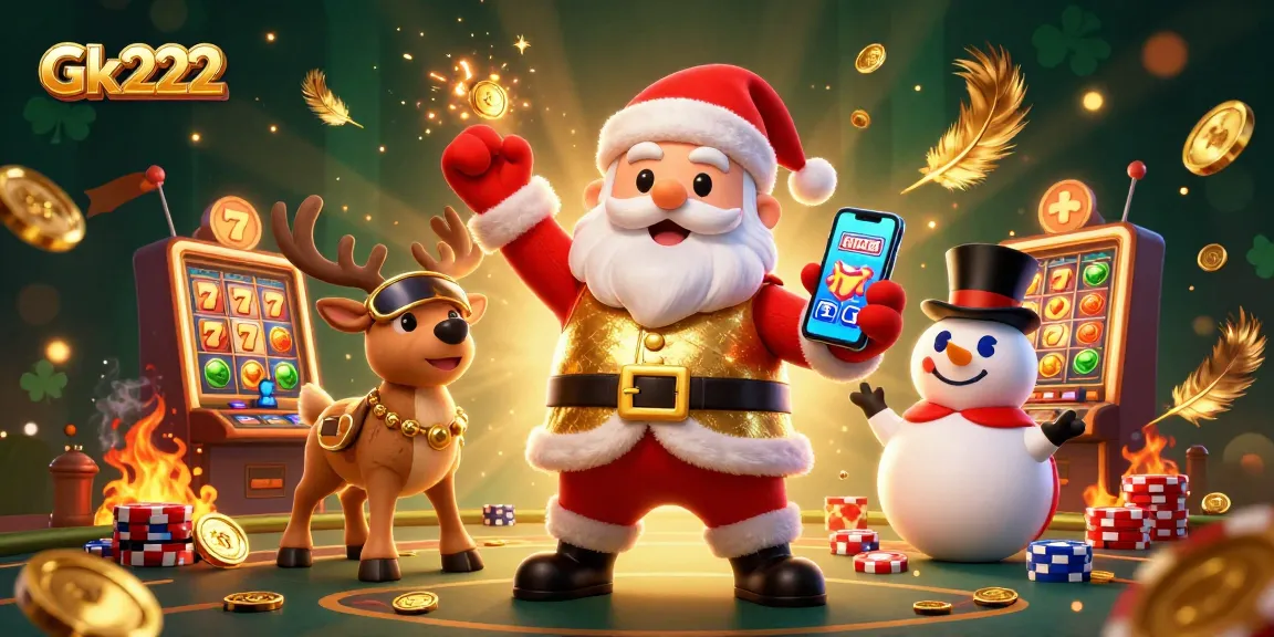 Experience gaming excitement with Gk222's friendly casino scene featuring Santa, reindeer, and snowman.
