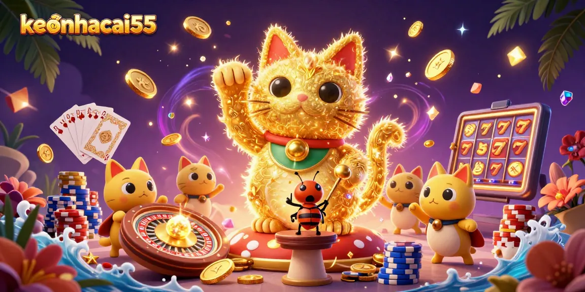 Engage with keonhacai55 as golden fireflies bring casino magic to life in a vibrant illustration.