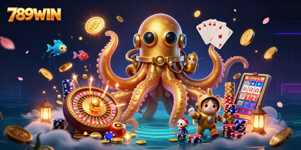 Engage with 789WIN's thrilling experience featuring an adventurous kraken scene in a vibrant casino