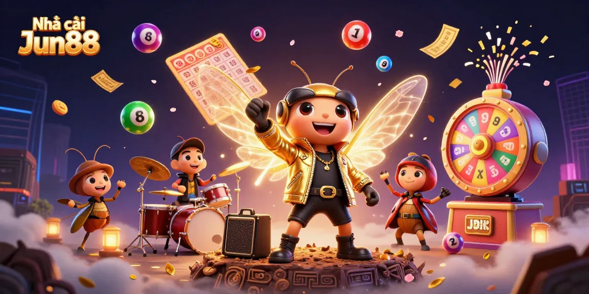 Engage in thrilling lottery action with Nhà cái Jun88's vibrant joyous gaming scene featuring a rock star and animated lottery elements.