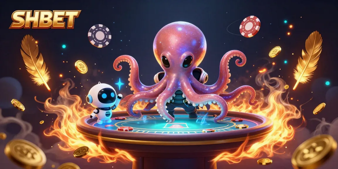 SHBET showcases an exciting scene of an alien octopus playing poker, highlighting unique gambling dynamics.