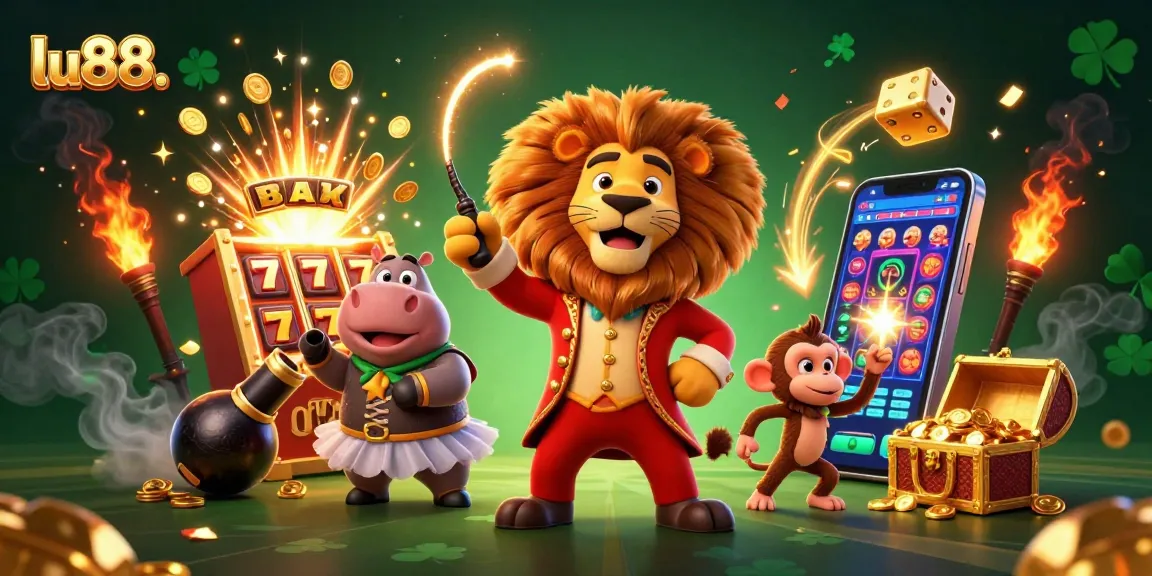 Spin and win at lu88. with vibrant casino games surrounding 3D circus characters!