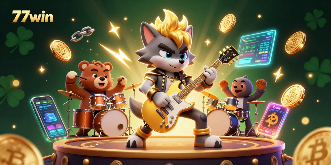 Experience the thrill of 77win with a dynamic online casino scene featuring a rock star wolf and drummer bear.