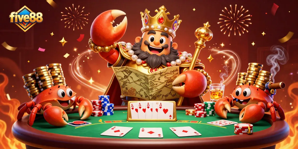 Engage with five88's exciting poker scene featuring a golden crab emperor amidst vibrant casino elements.