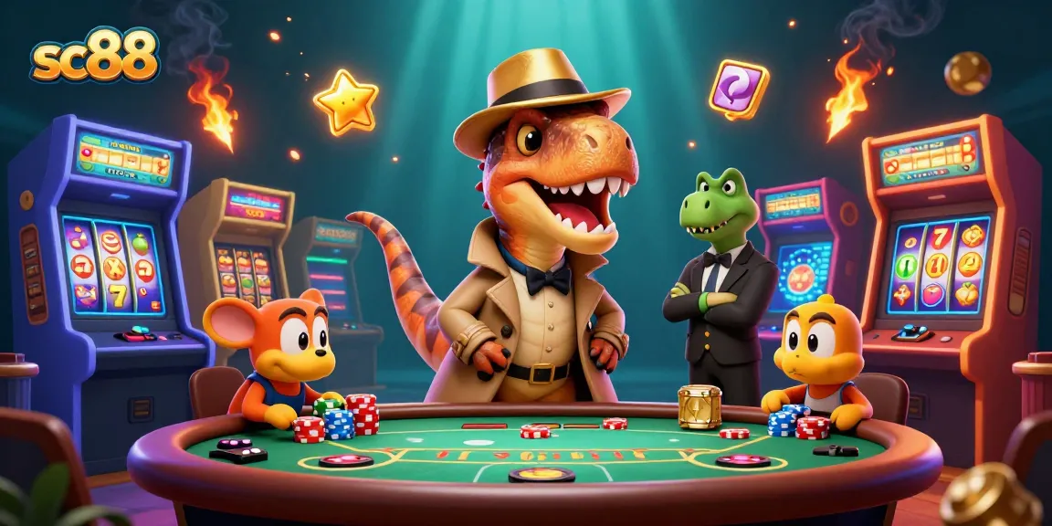 sc88 themed 3D casino scene illustrating a velociraptor card counter at blackjack.