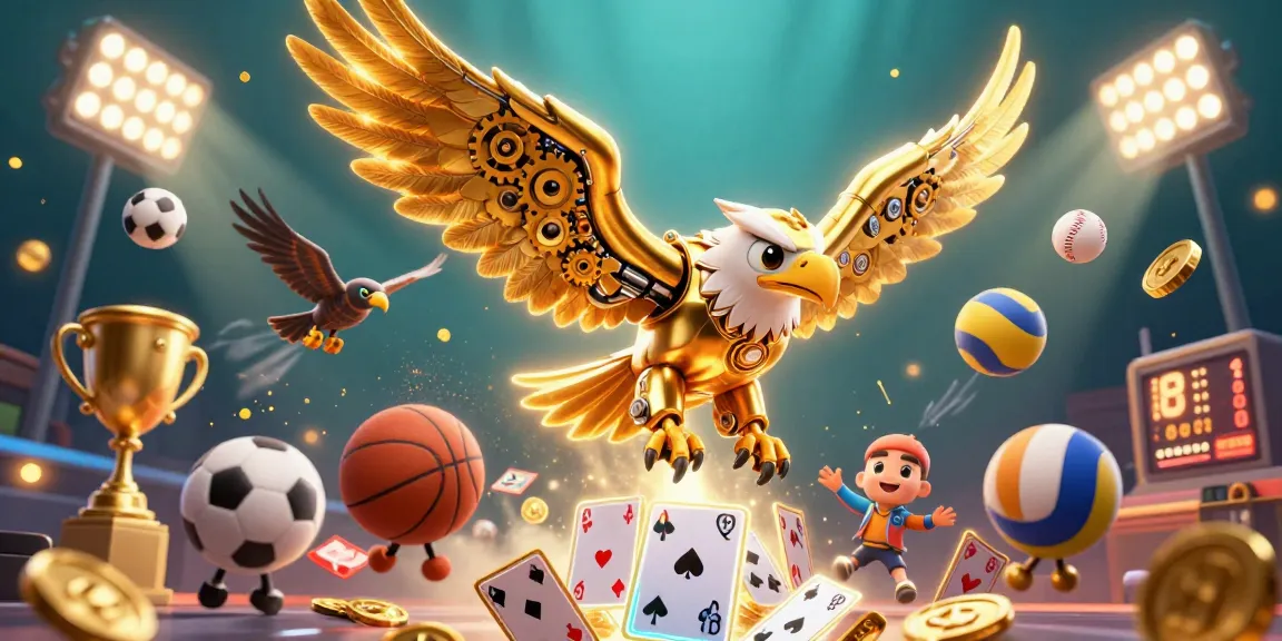 Experience the thrill of gavangtv in an ultra-detailed 3D illustration of a golden eagle amidst sports elements.