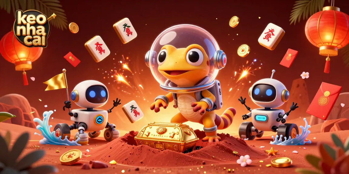 Engage with keo nha cai in a lively 3D illustration showcasing a Martian gecko discovering a golden casino.