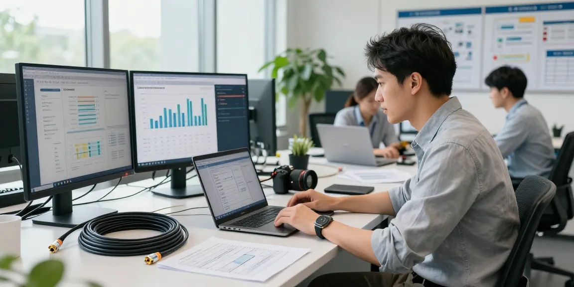 Supply chain manager optimizing procurement of fiber patch cables in a modern tech workspace.