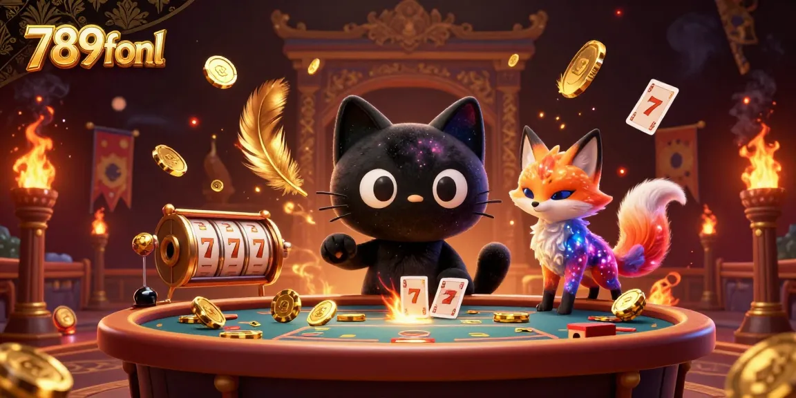 Immerse in the cosmic casino experience of 789fonl featuring a black hole cat and a nebula fox.